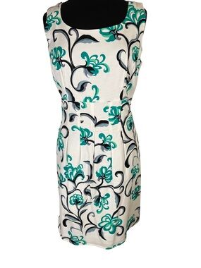 CeCe White Pleated Waist Midi Sheath Brunch Dress Teal Black Gray Floral Print